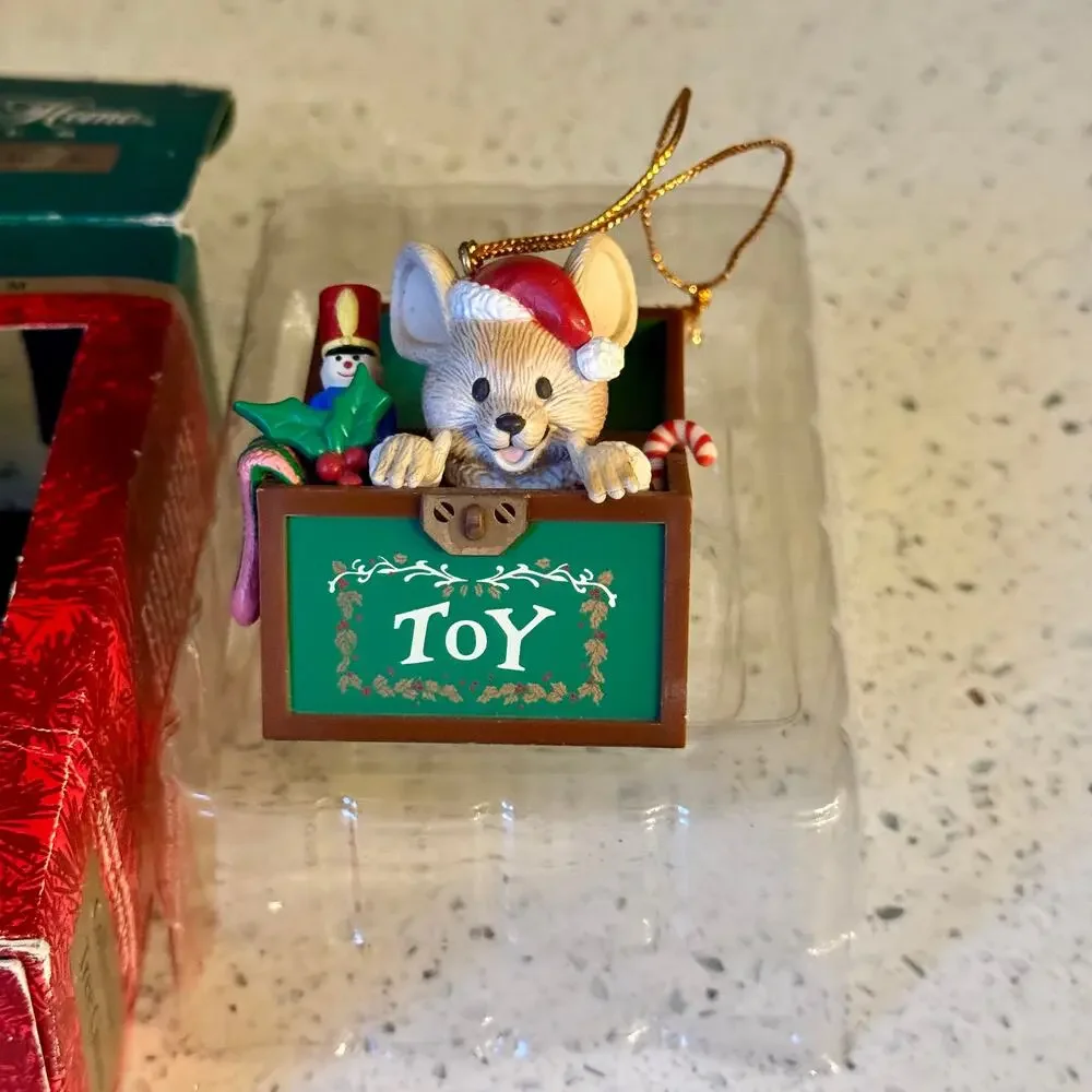 1990's Vintage Mouse In A Toy Chest Ornament Christmas Collectible with Box